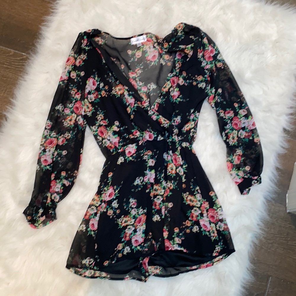 Emerald Sundae Black Floral Romper - S
